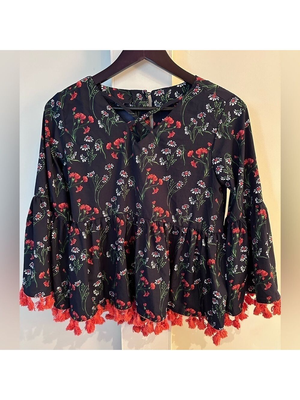FLORAL BOHO BLOUSE, PEPLUM W/POM POM TRIM, SIZE M
